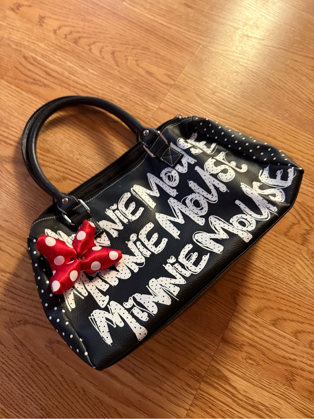 Disney Black Minnie Mouse Script Satchel with Red Polka Dot Bow
